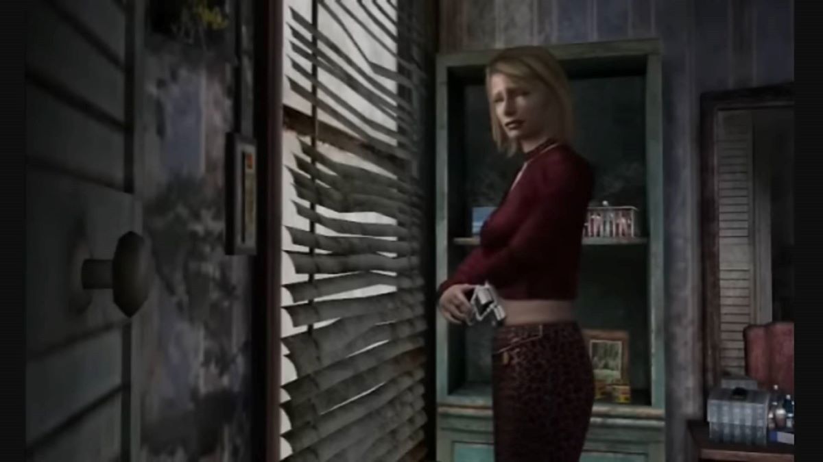 Maria holding a gun and looking out a window in Silent Hill 2: Born From a Wish