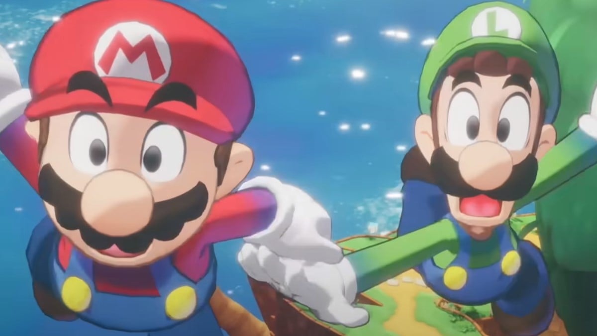 Mario and Luigi flying through the sky in Mario & Luigi: Brothership