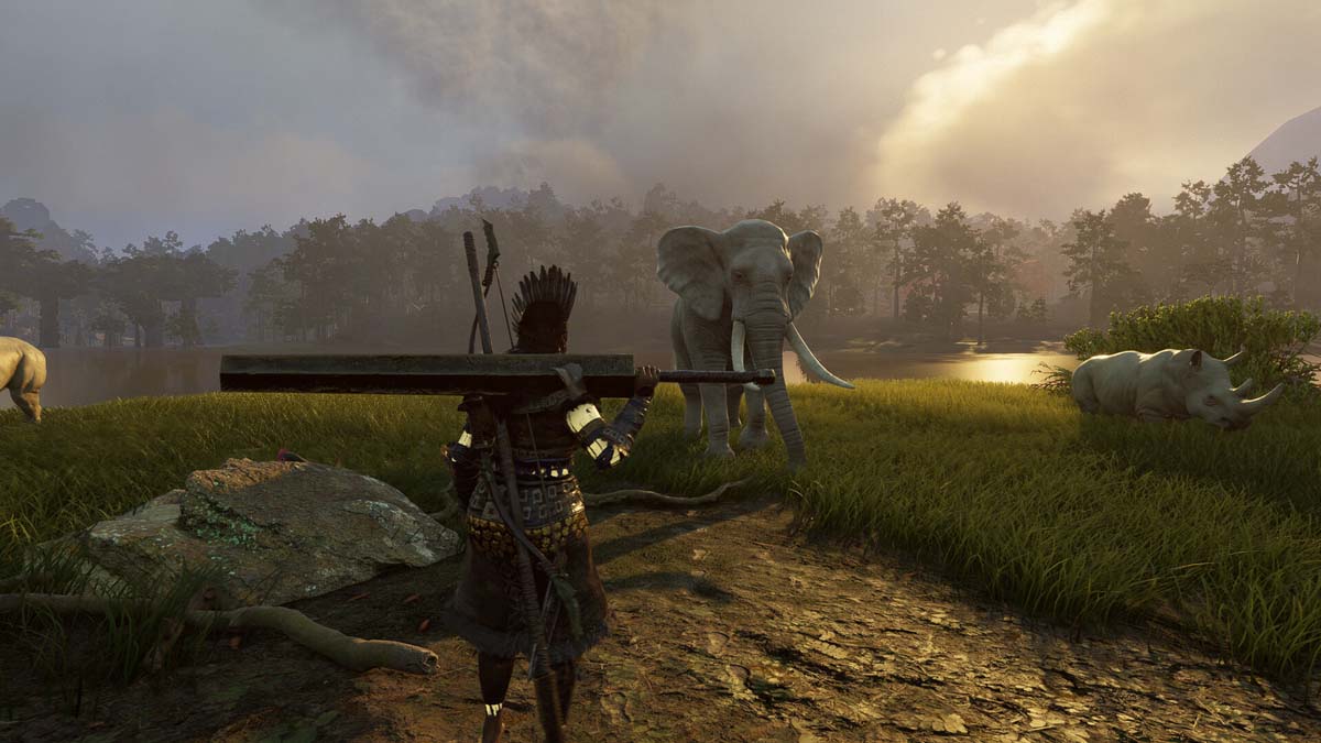 Soulmask player stands looking at the elephant