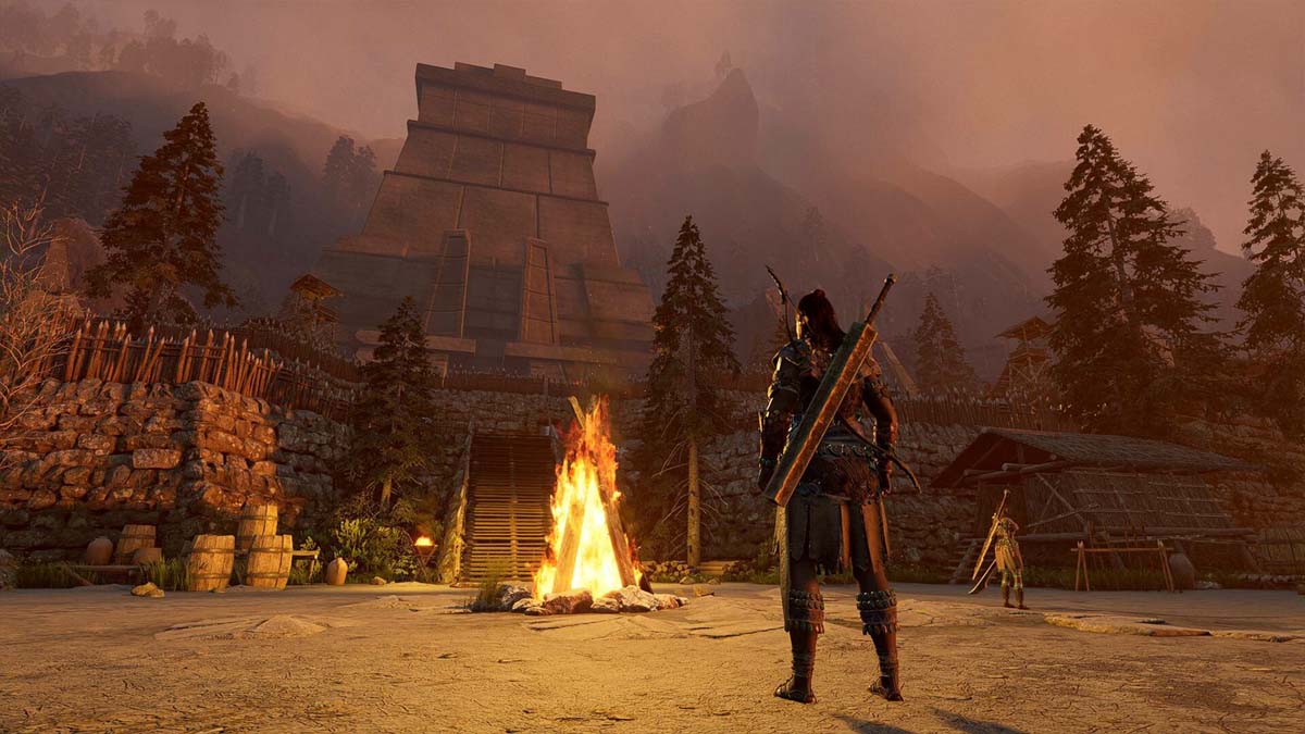 Soulmask protagonist equipped with great sword stands at the campfire