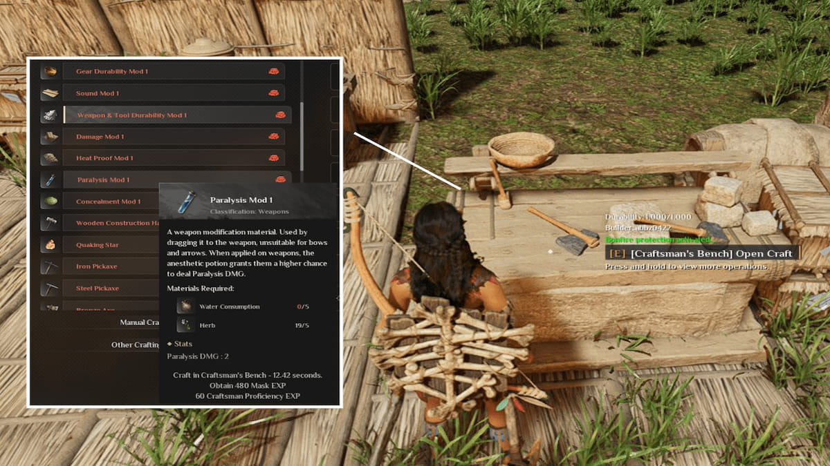 Crafting weapon mods on a Craftman's Bench in Soulmask