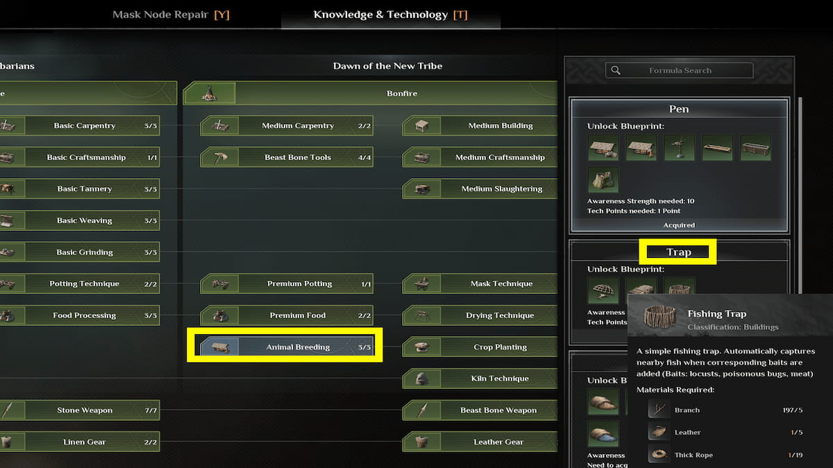 Soulmask Knowledge & Technology menu with fishing trap