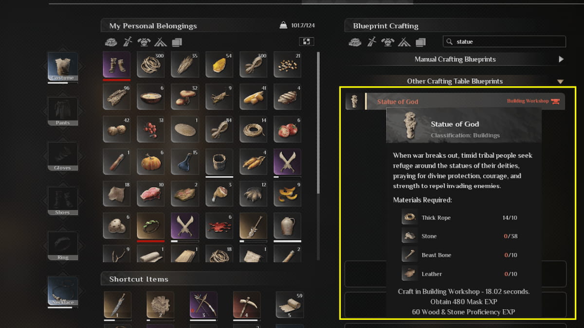 Soulmask inventory crafting Statue of God recipe