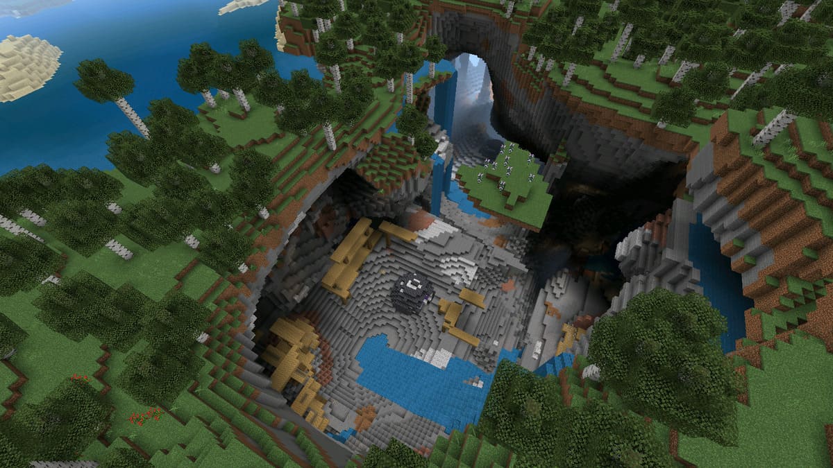 Exposed mineshaft and amethyst geode in Minecraft