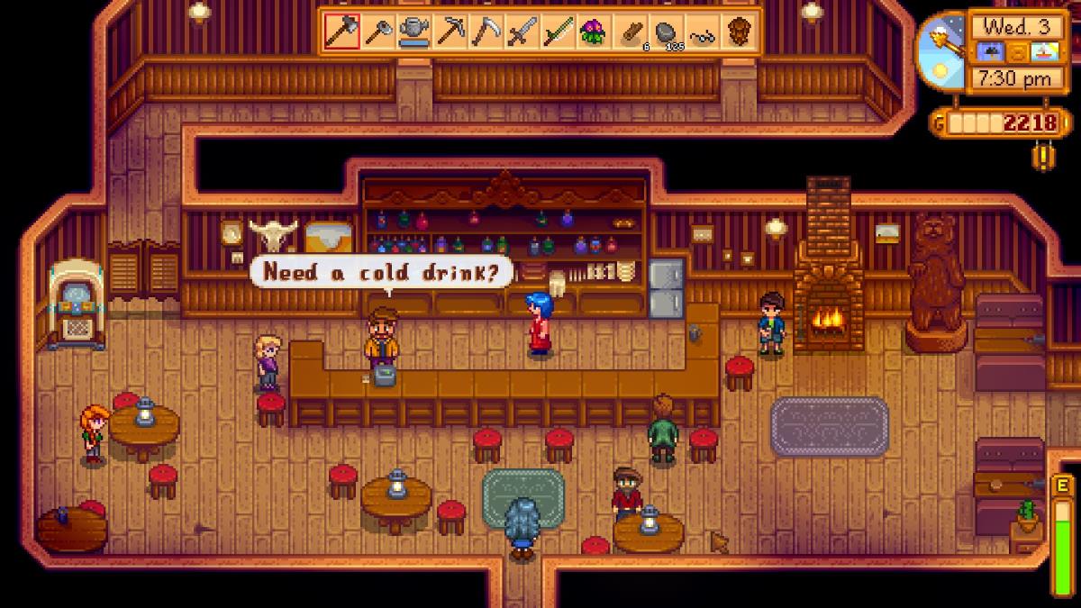Player arrives at the Stardrop Saloon in Stardew Valley