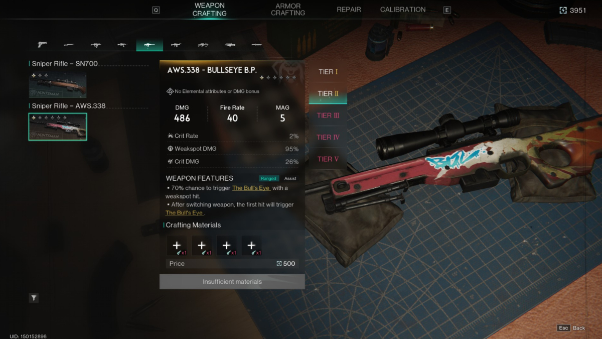 Crafting AWS.338 - Bullseye Sniper Rifle in Once Human using the weapon blueprint.