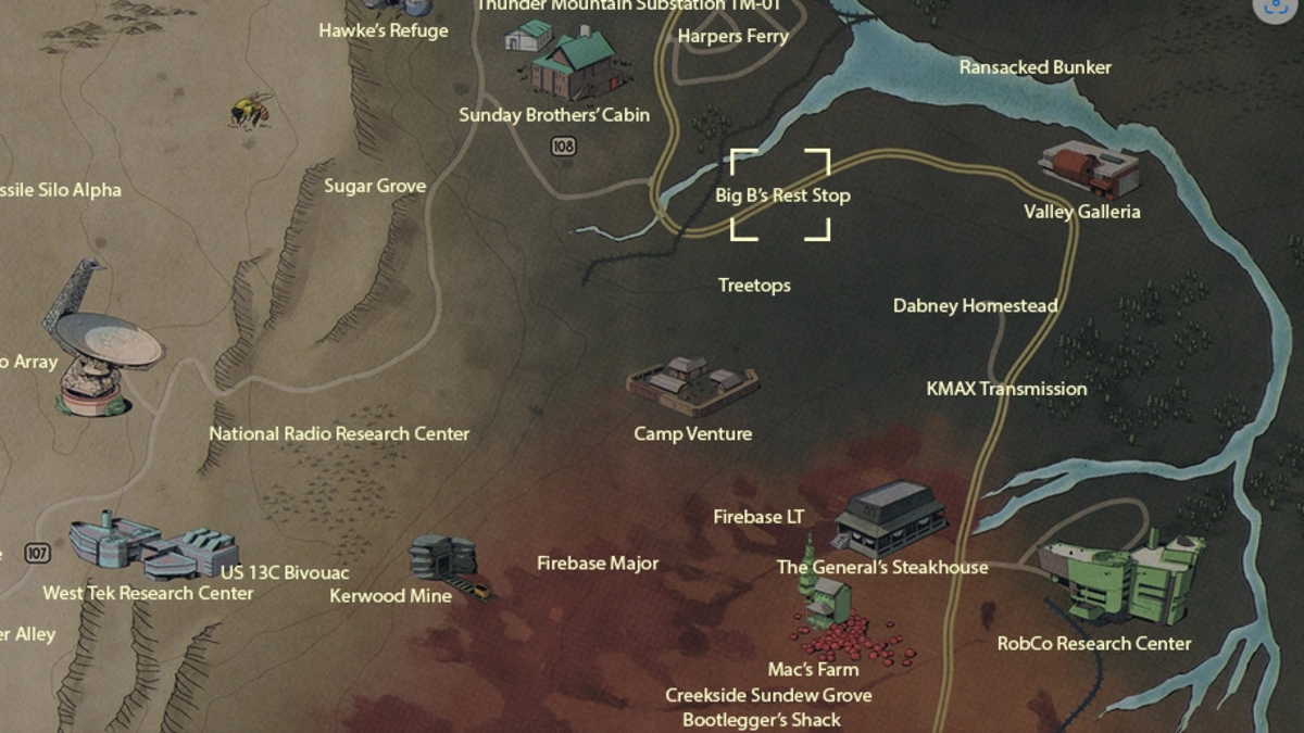 The location of Big B's Rest Stop marked on the map in Fallout 76.