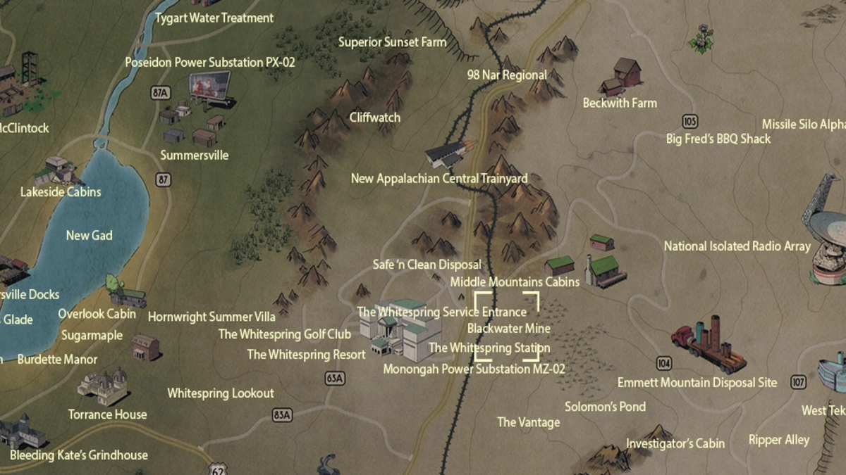 The location of Blackwater Mine marked on the map in Fallout 76.