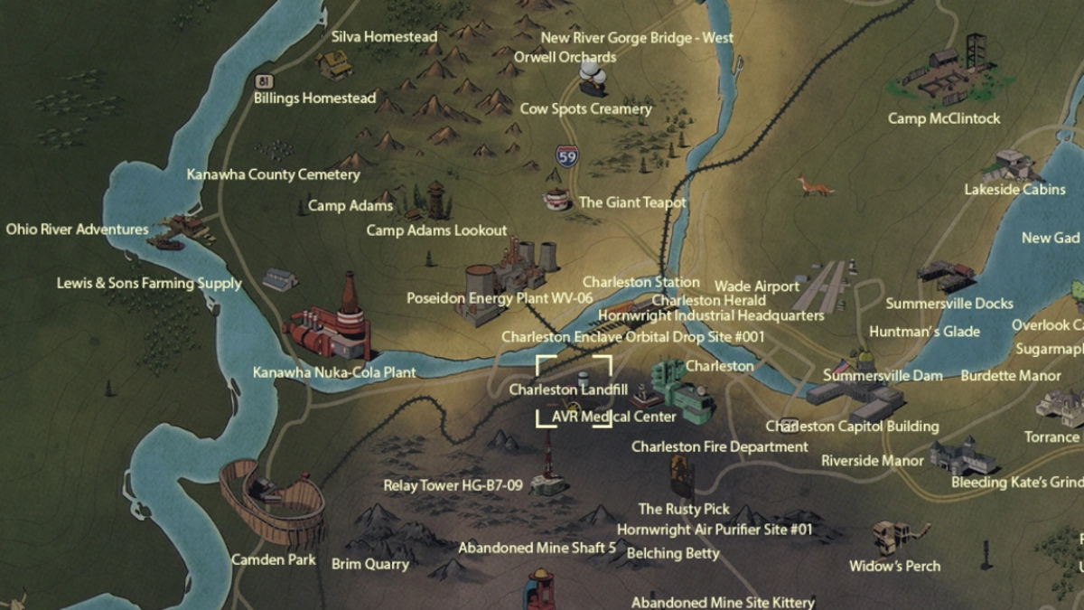 Fallout 76 の地図上にマークされたチャールストン埋立地の場所。