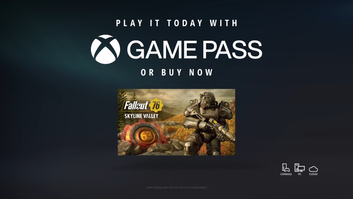 Fallout 76 Skyline Valley update on Xbox Game Pass