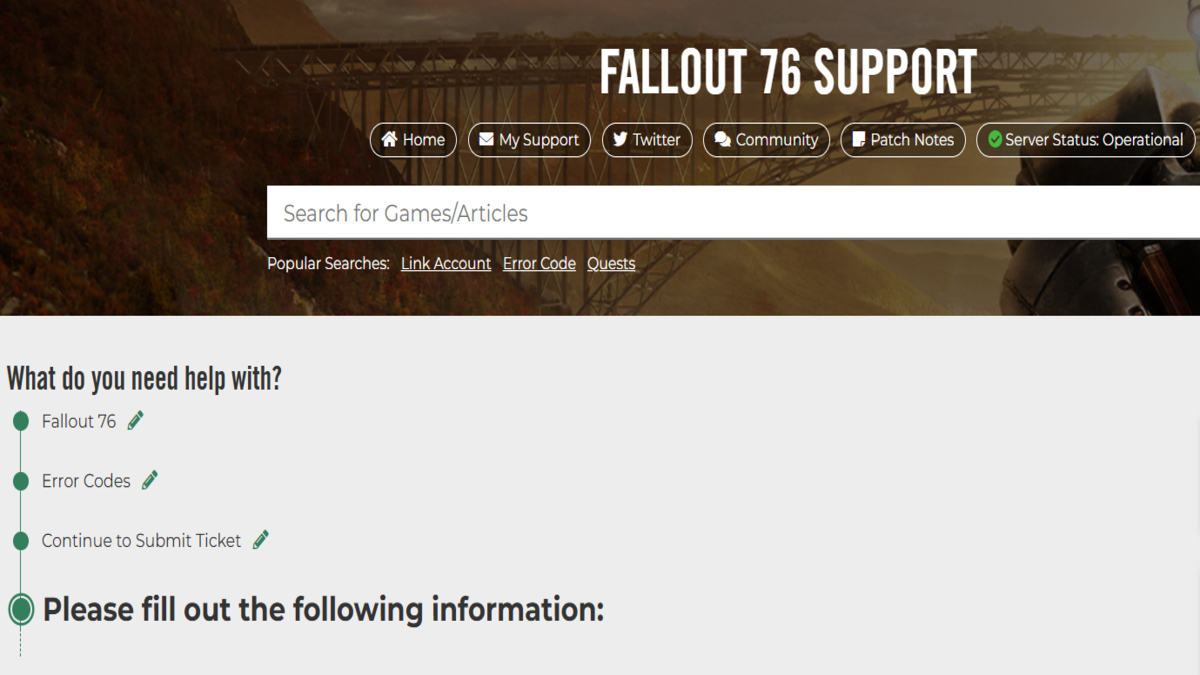 Öffnen eines Tickets über die Bethesda-Supportseite für Fallout 76.