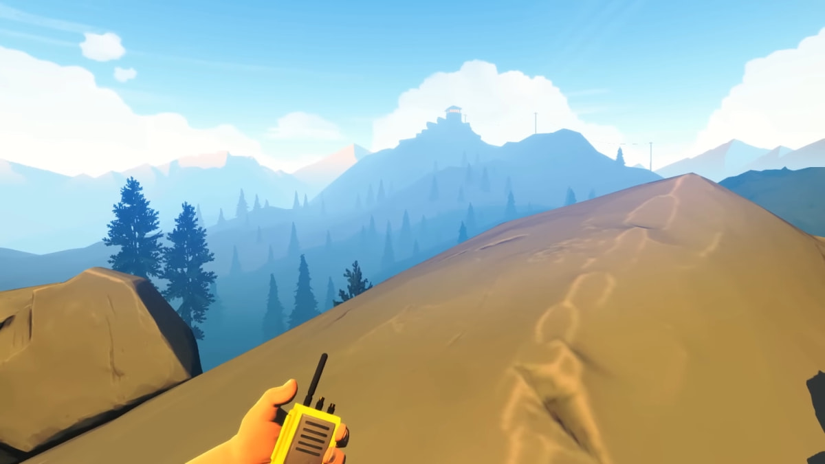 Player watching a mountain far away in Firewatch.