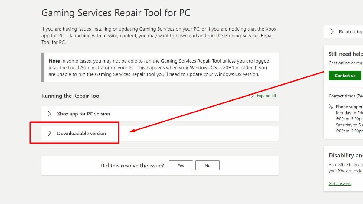 Gaming Services Repair Tool for PC Download page