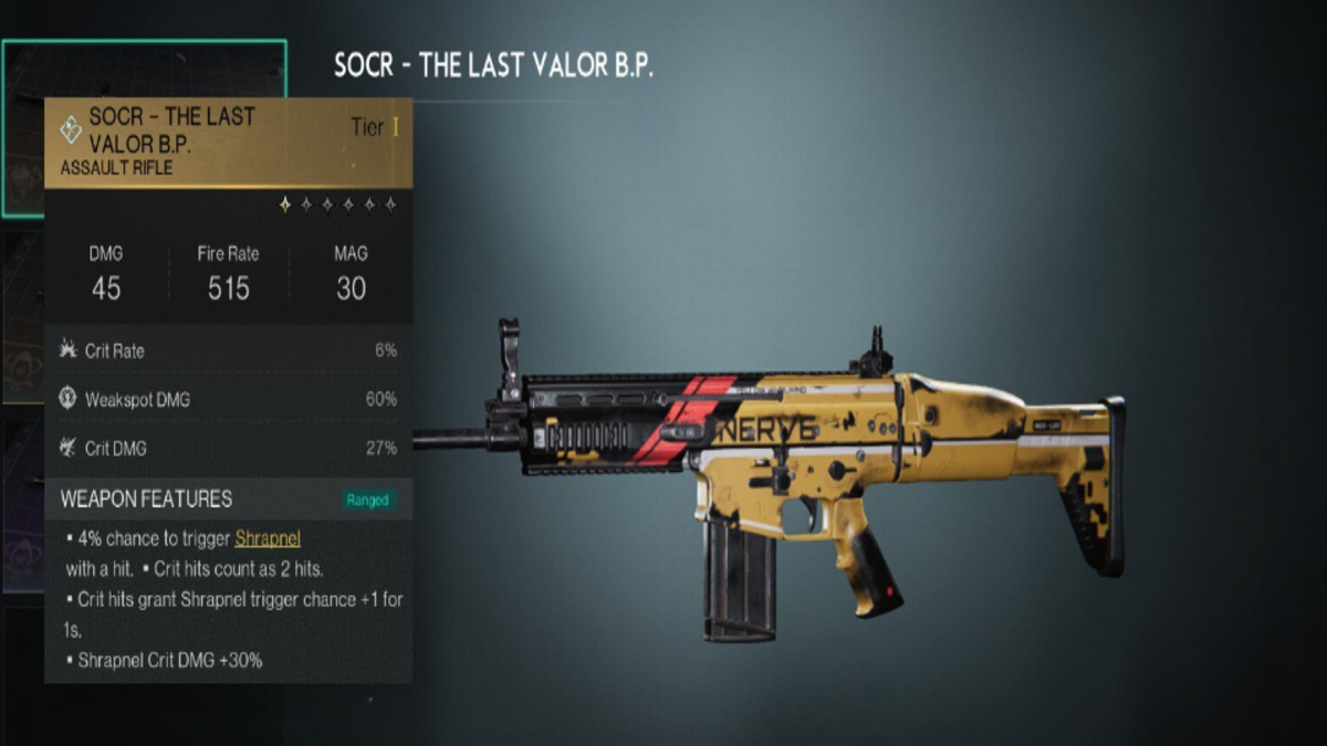Socr - The Last Valor primary weapon for the Shrapnel Build