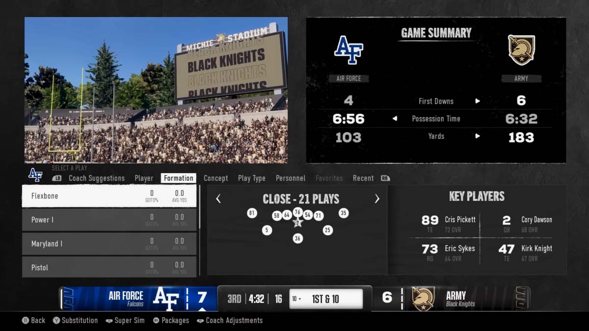 Game formation menu with stats in College Football 25