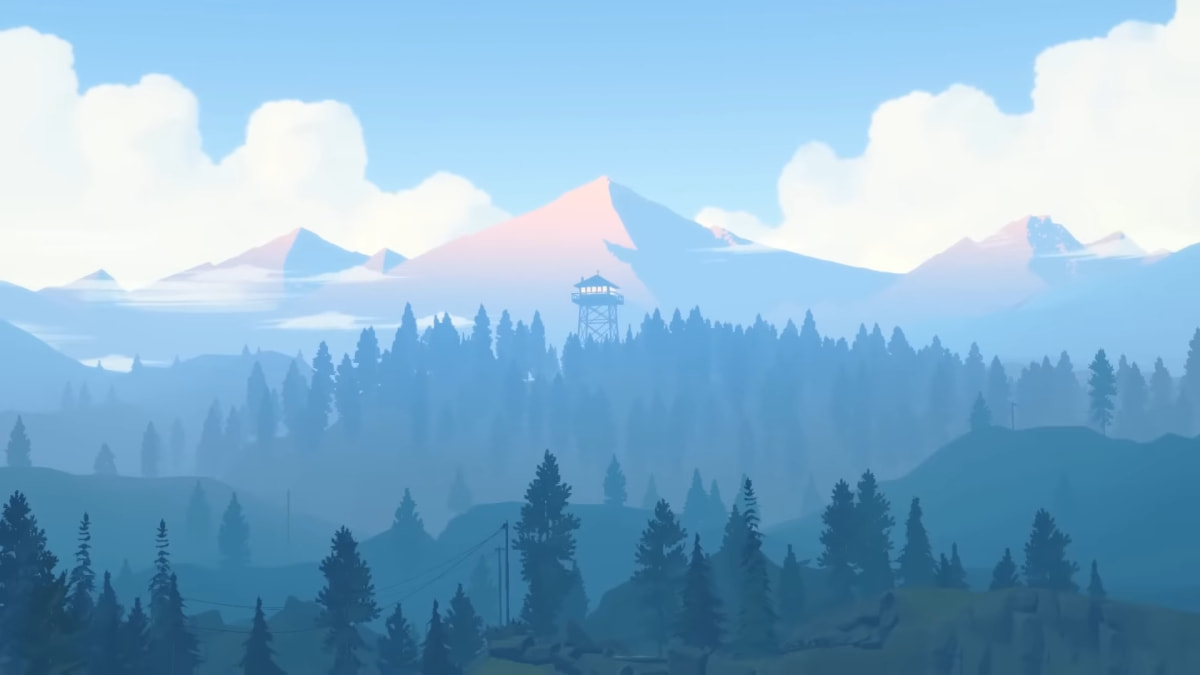 Outline of a forest and tower and tower in Firewatch.