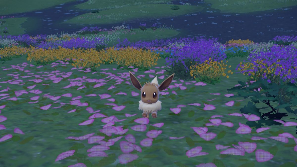Eevee plays in a field of flowers in Pokemon Scarlet & Violet
