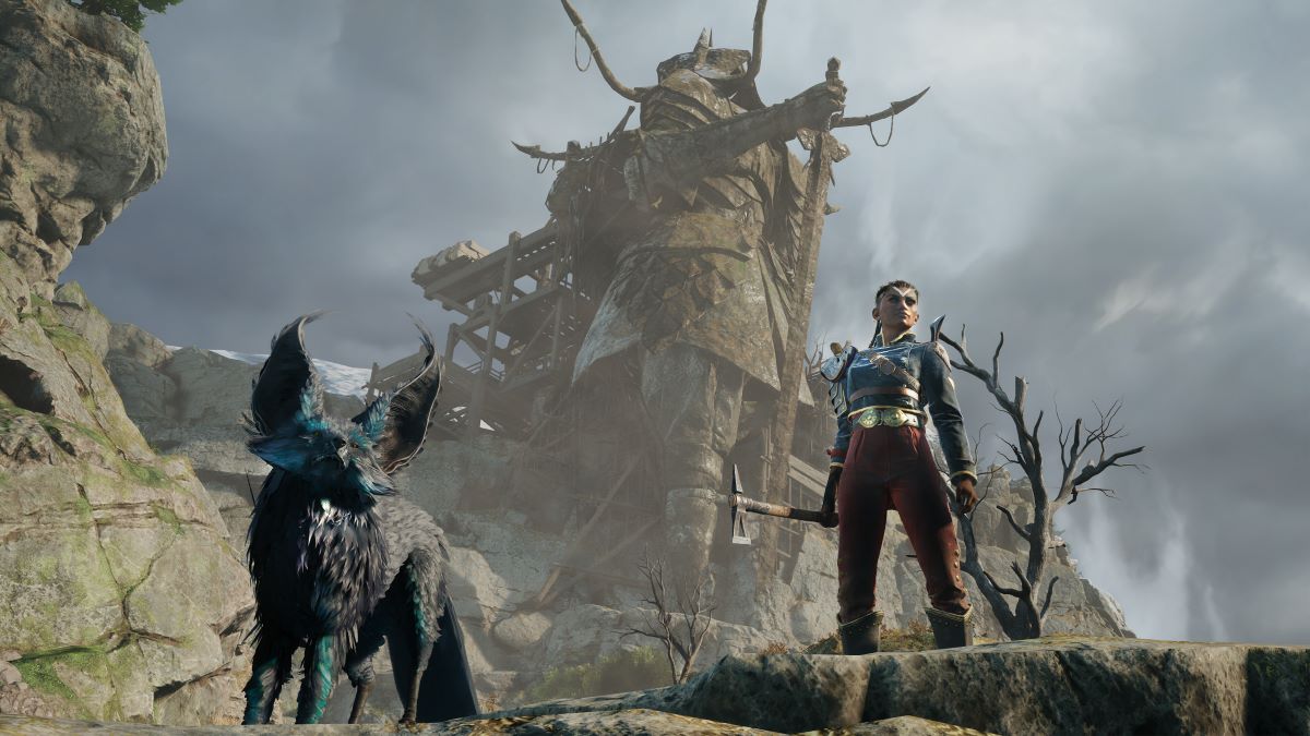 Enki and Nor from Flintlock: The Siege of Dawn stand below a giant statue.