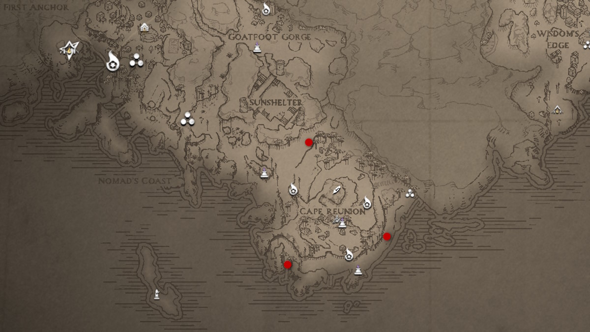 A section of the map of Wanderer's Rest from Flintlock: Siege of Dawn with three red dots over it.