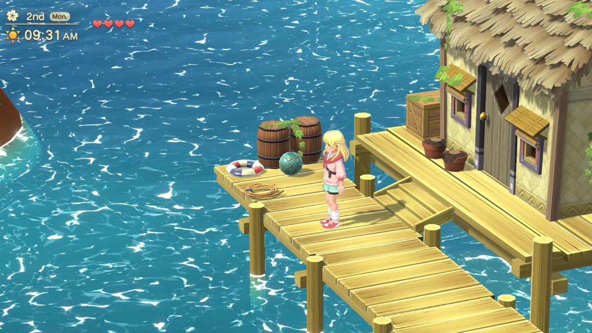 The female farmer at a dockside area in Harvest Moon: Home Sweet Home