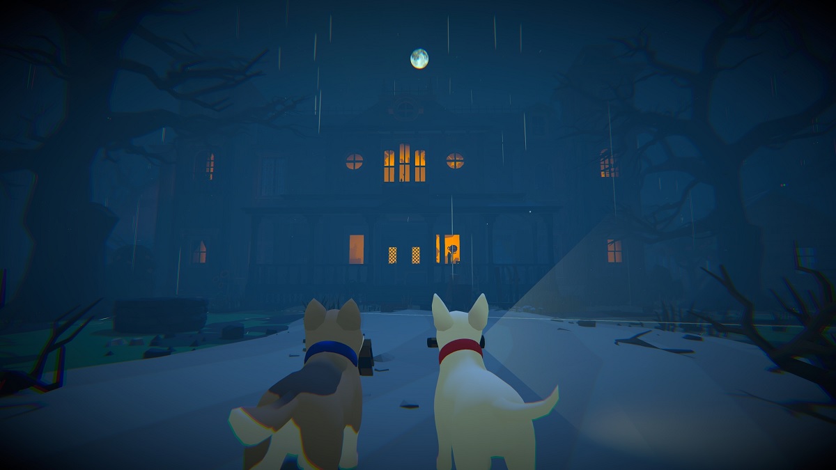 Two dogs in front of the haunted mansion in Haunted Paws