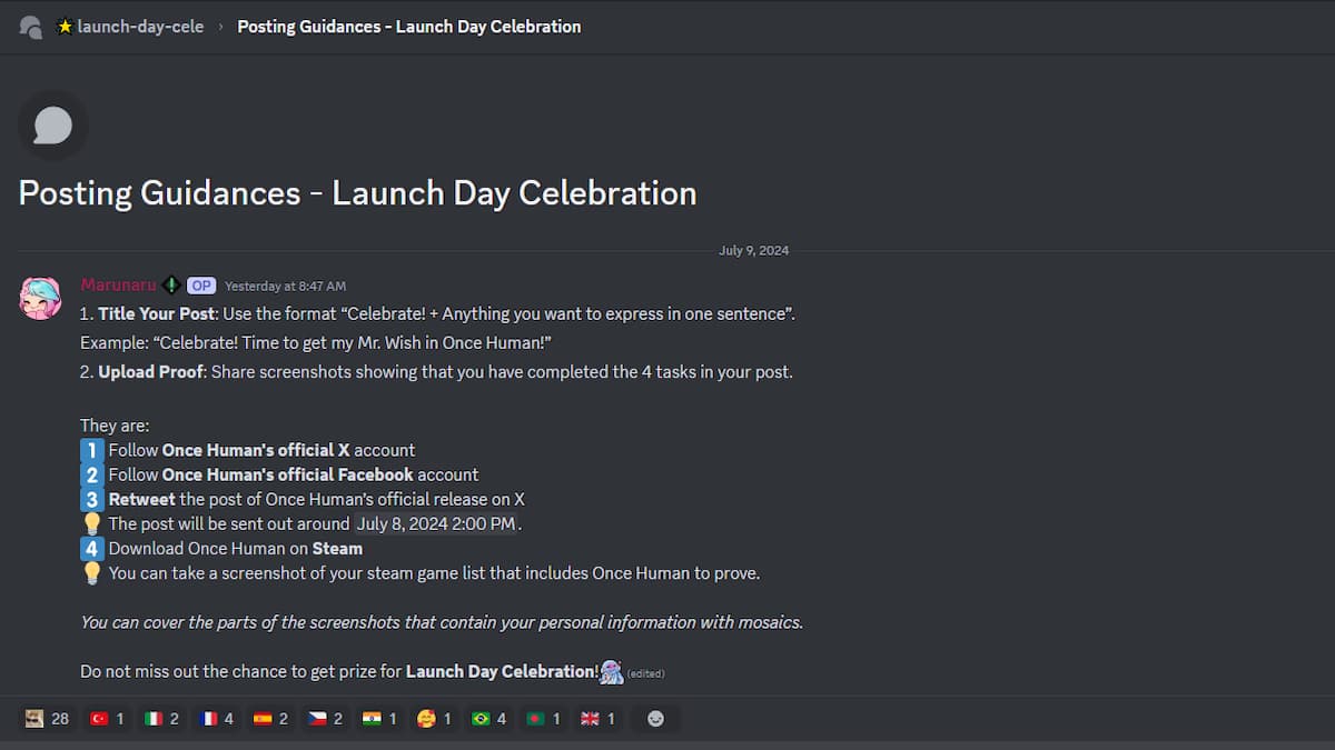 Discord post rules for Once Human Launch Celebration Event.