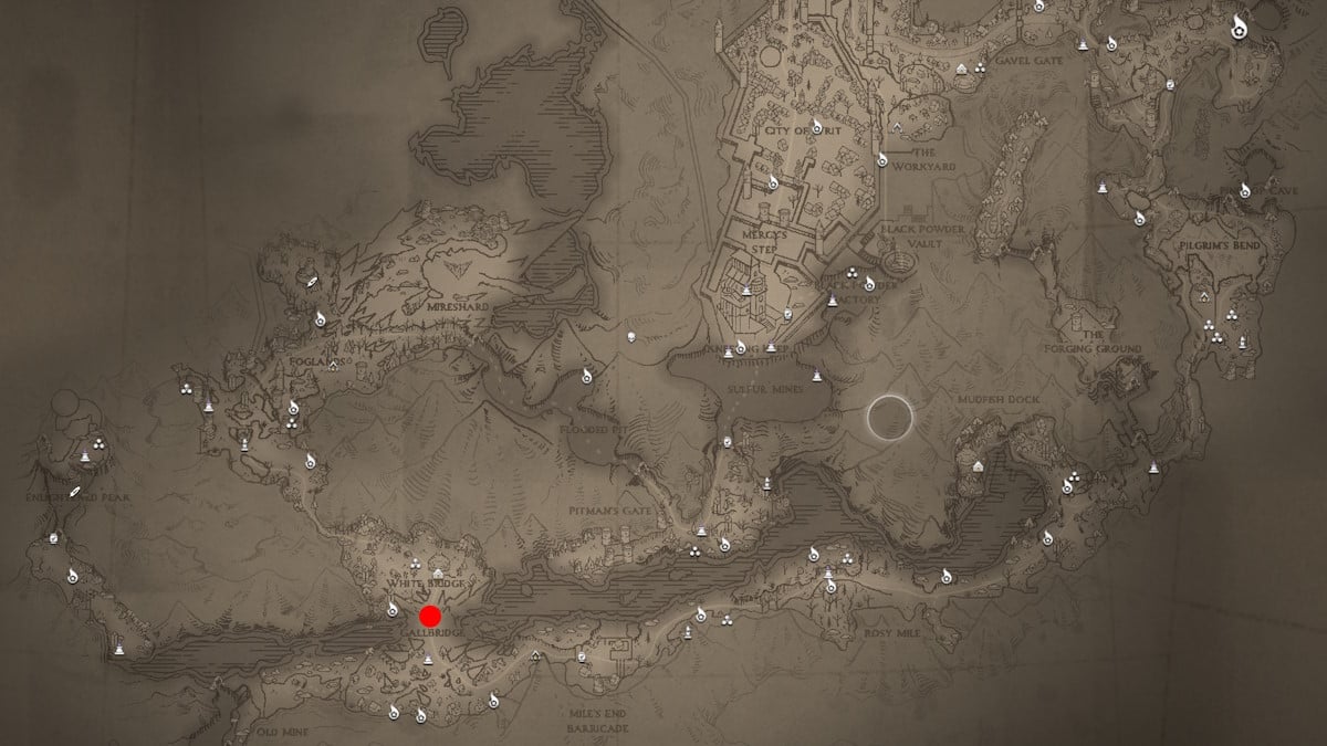 The map of Three Peaks from Flintlock The Siege of Dawn with a red dot indicating the position of Gallbridge.