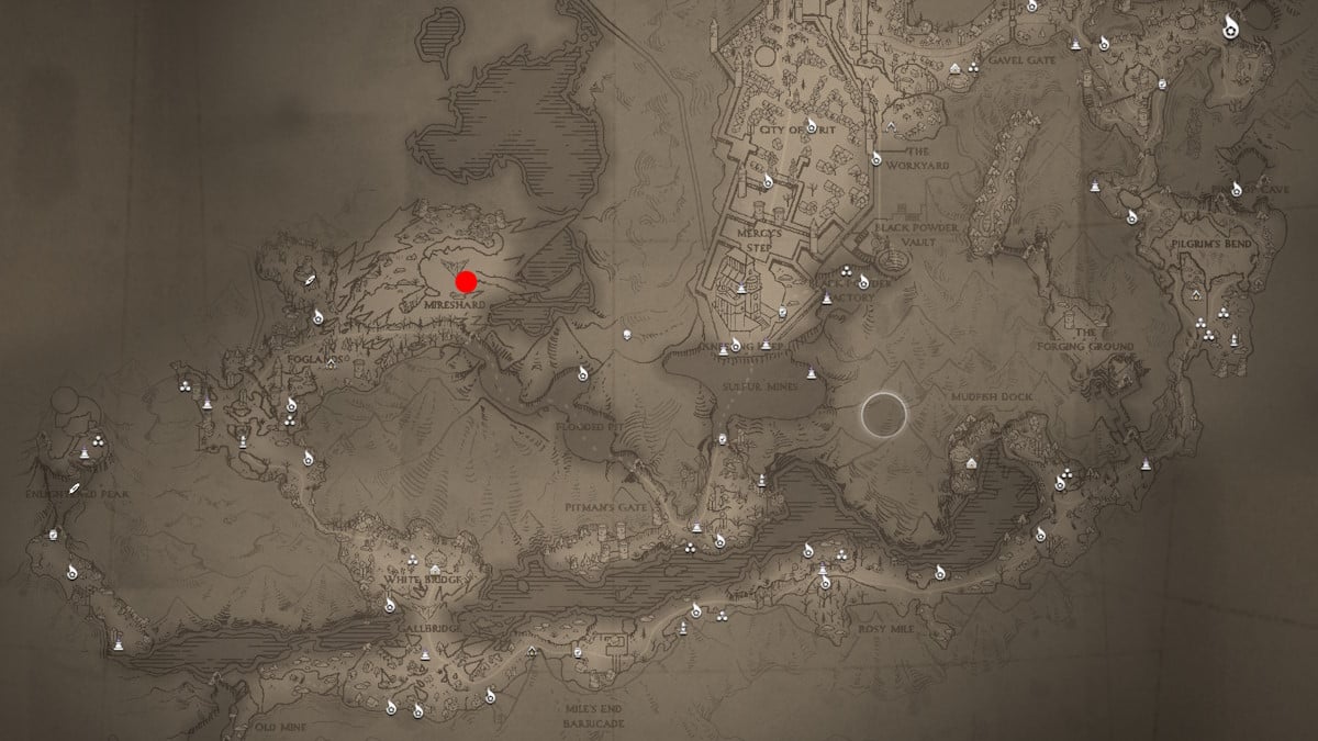 The map of Three Peaks from Flintlock The Siege of Dawn with a red dot indicating the position of Mire Shard