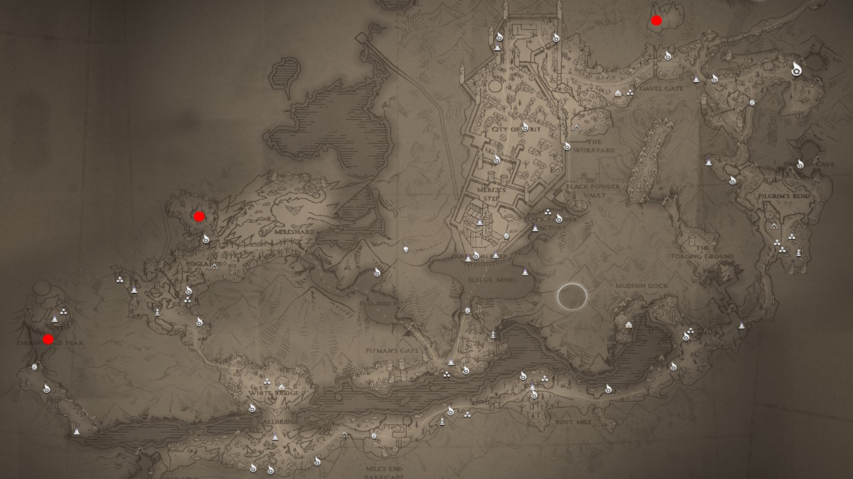 the map of Three Peaks from Flintlock: The Siege of Dawn with three red dots representing the position of Enki Feathers.