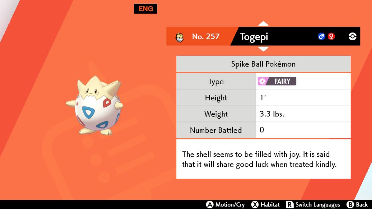 Togepi's Pokedex entry in Pokemon Sword