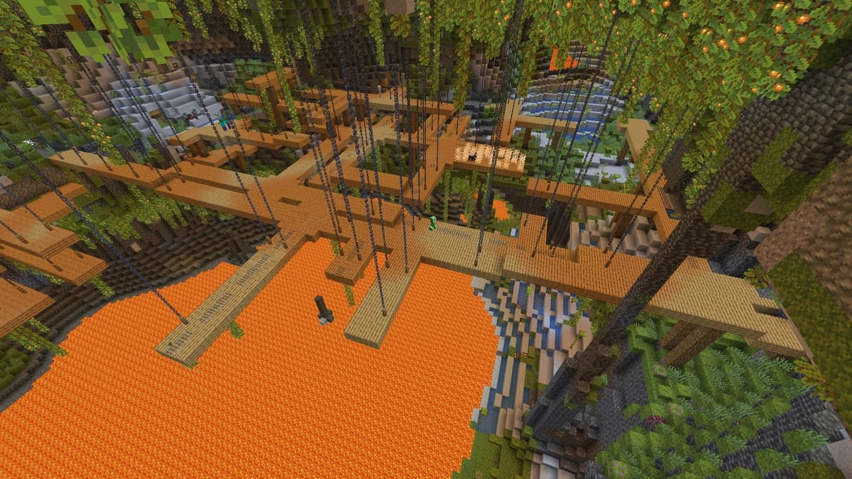 Suspended mineshaft over lava in Minecraft