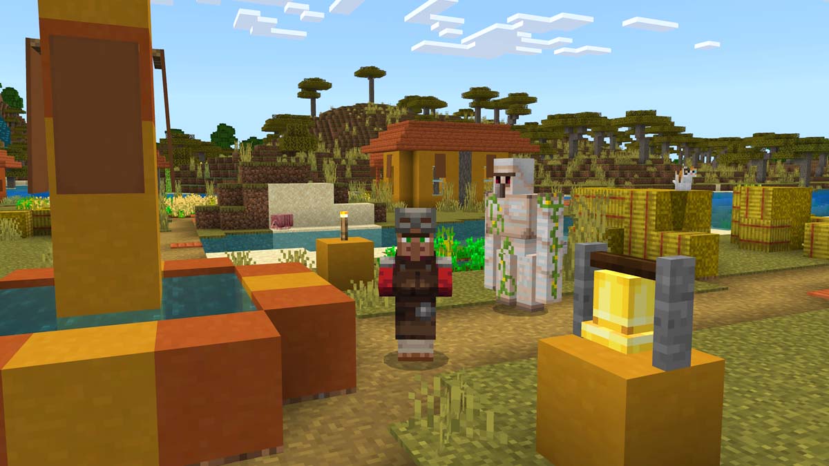 A villager and iron golem in Minecraft