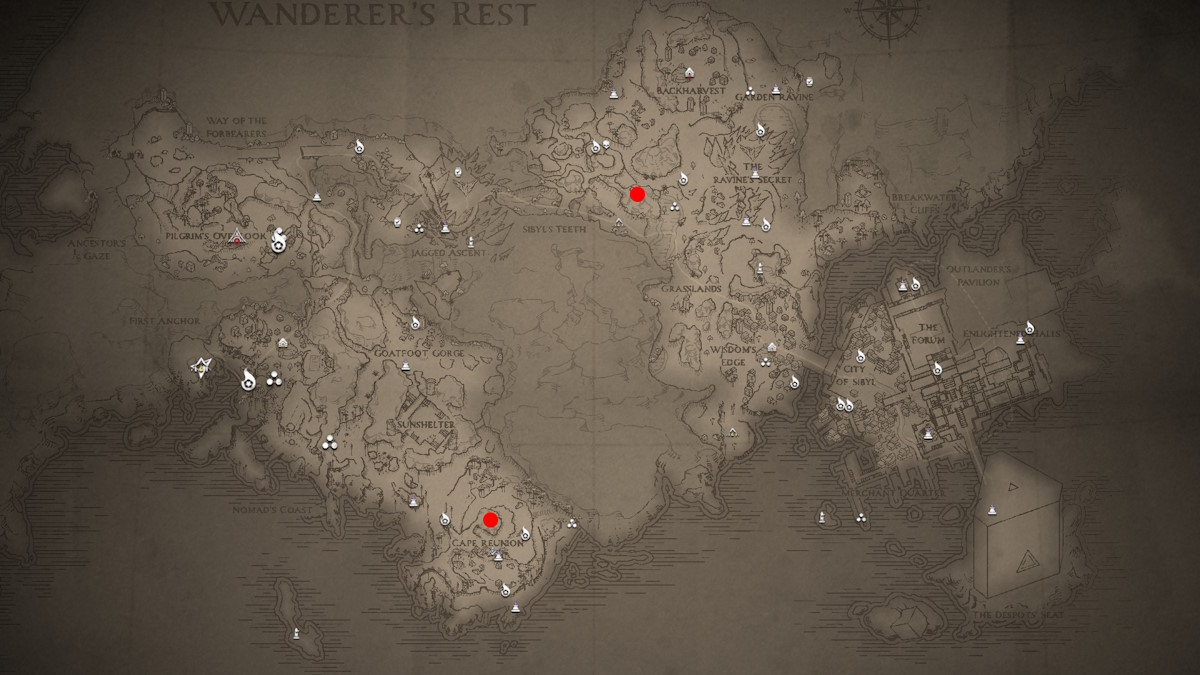 A map of Wanderer's Rest from Flintlock: The Siege of Dawn with red dots indicating the location of Enki Feathers.