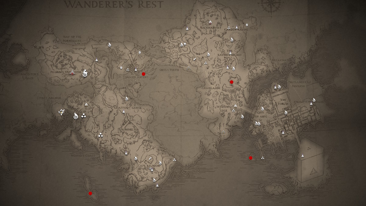 A map of the Wanderer's Rest region from Flintlock: Siege of Dawn. Red dots indicate the location of Inya Shrines.