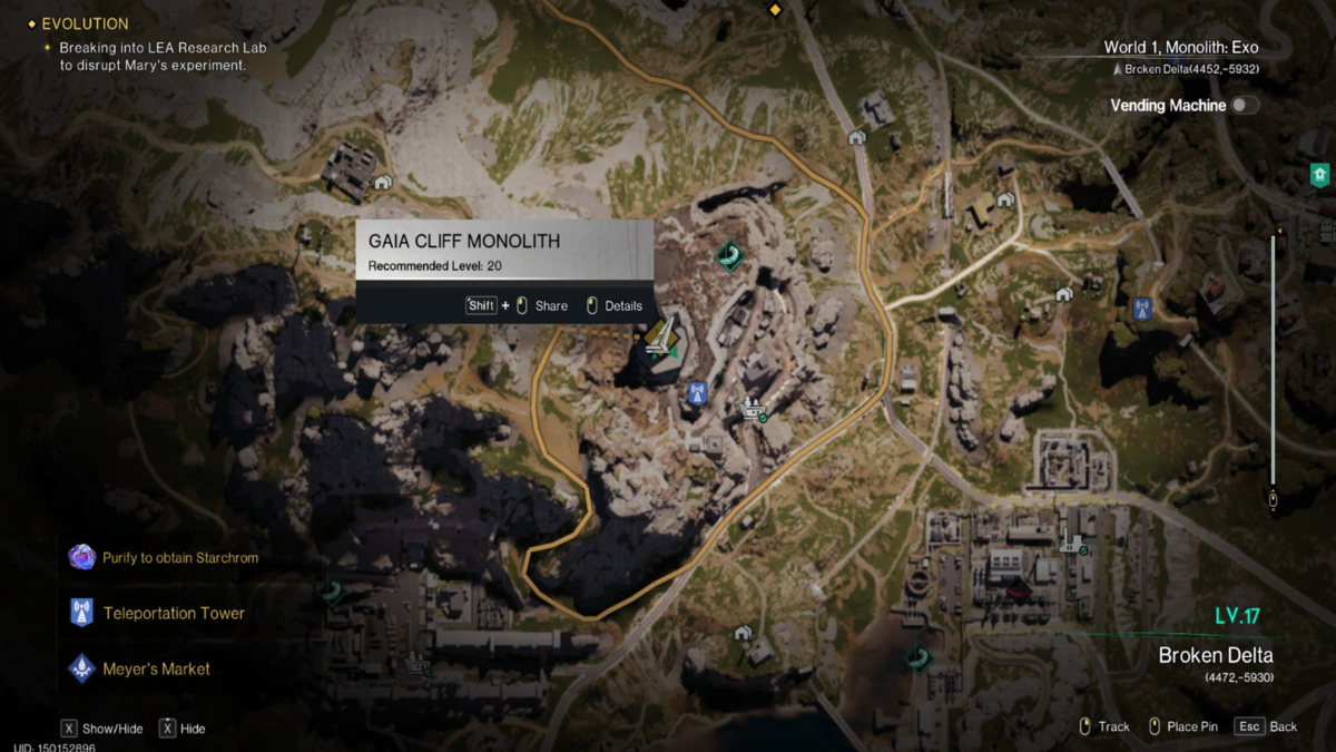 The location of the Gaia Cliff Monolith in Once Human marked on the map.