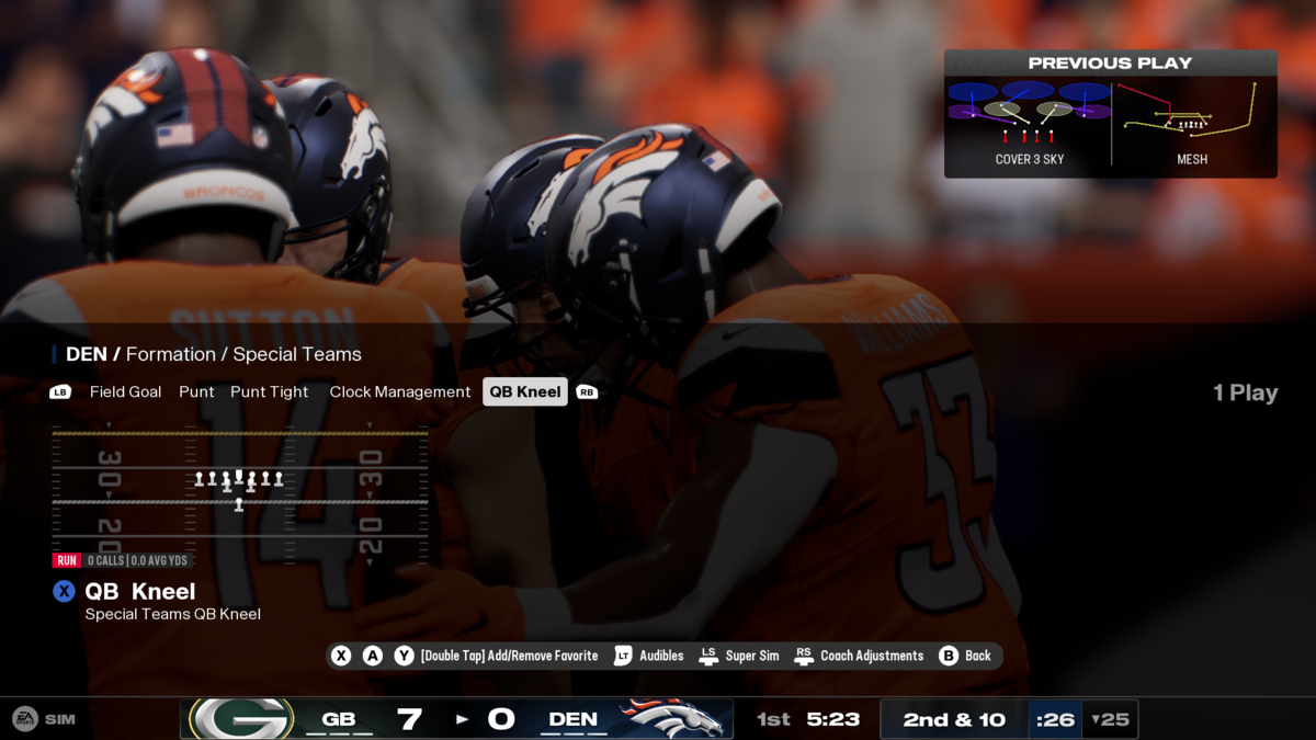 Picking the QB Kneel play from the Special teams playbook in Madden 25