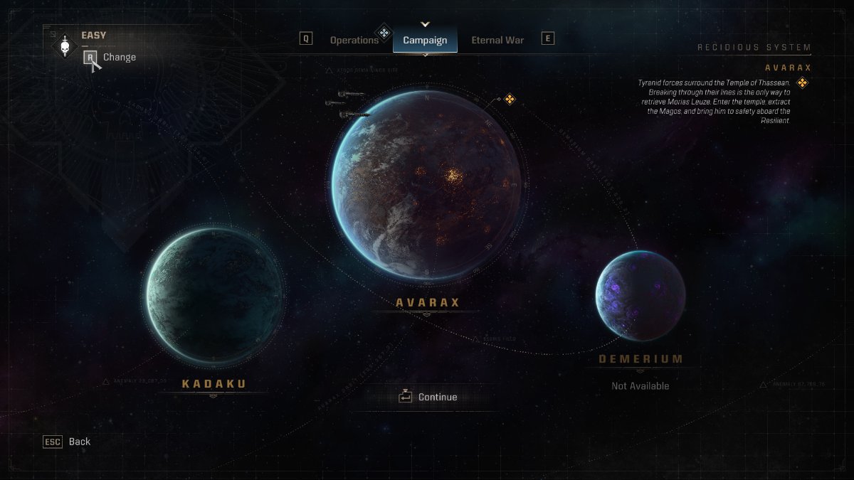 Three planets in the background in the mission selection screen of Warhammer 40,000: Space Marine 2