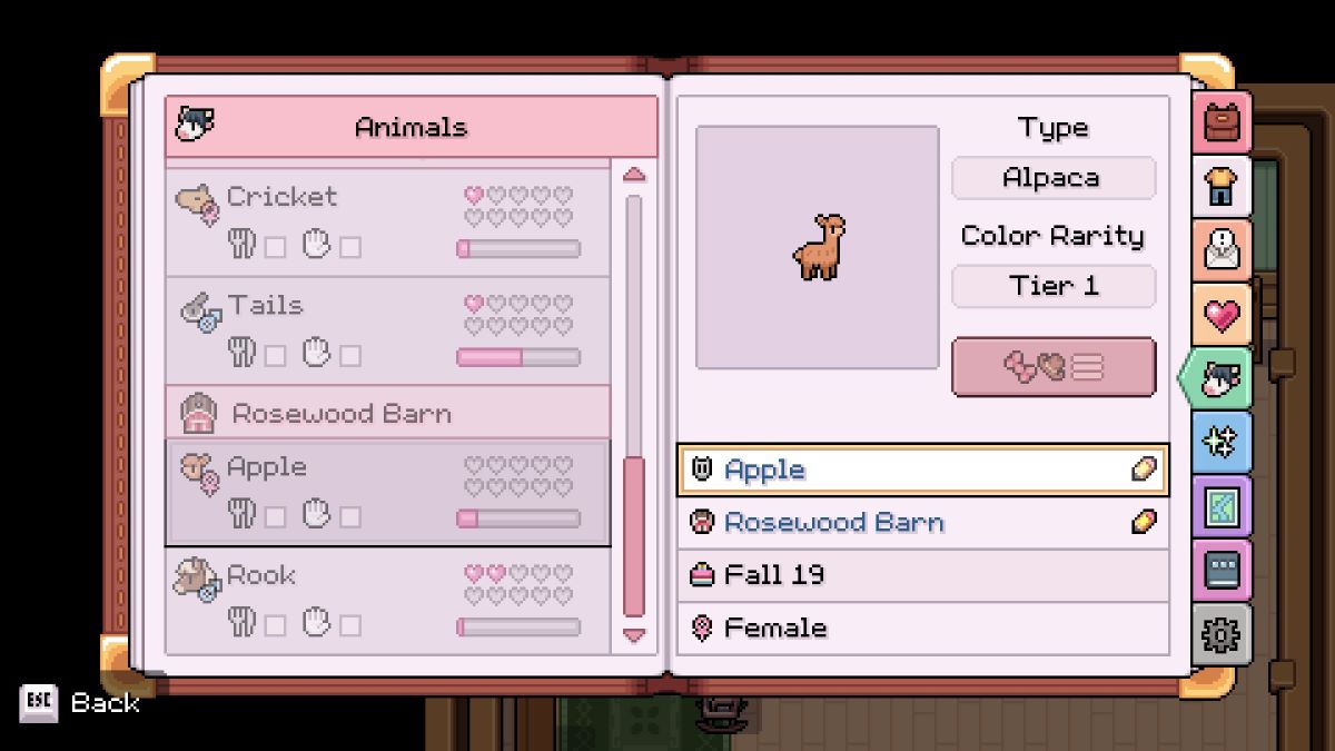 Player's Alpaca profile in Fields of Mistria