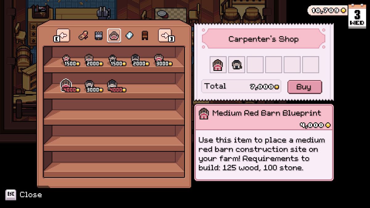 Carpenter's shop sells coop and barn upgrades in Fields of Mistria