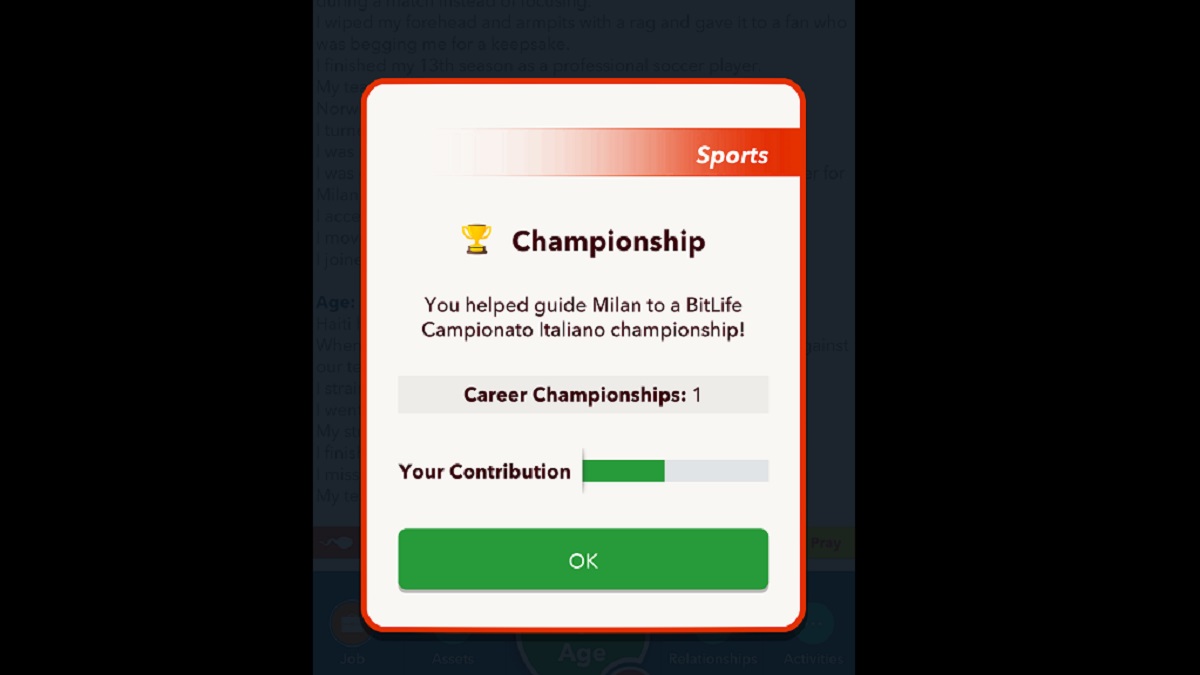 BitLife winning a soccer championship notification