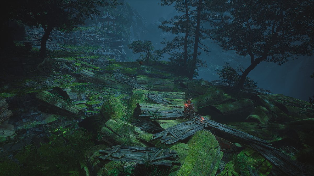 A destroyed bridge seen from above in in Black Myth: Wukong.