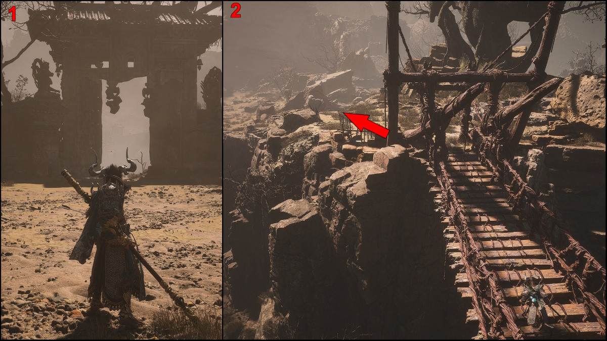 Two screenshots showing a stone gate and a red bridge in Black Myth: Wukong. The images are labeled with the numbers 1 and 2.