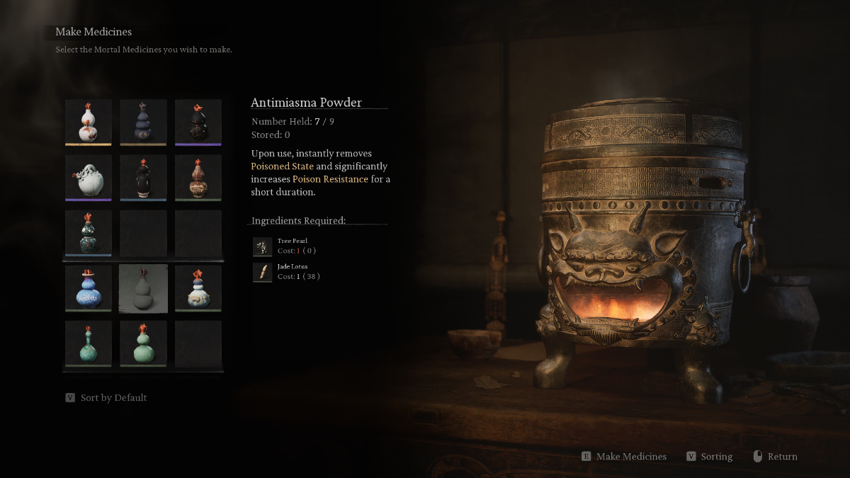 crafting Antimiasma powder in the Craft Medicine menu of Black Myth: Wukong