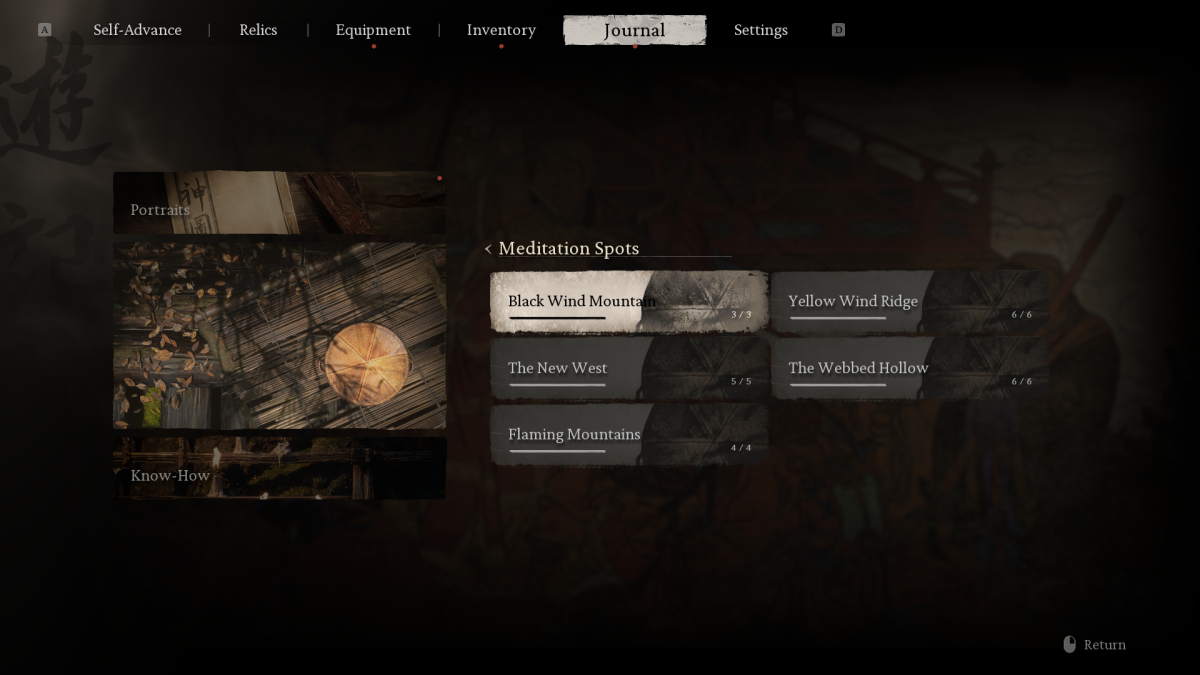 Looking at the meditation spots list in the menu of Black Myth: Wukong