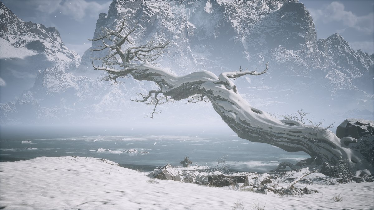 A tree over a frozen lake in Black Myth: Wukong