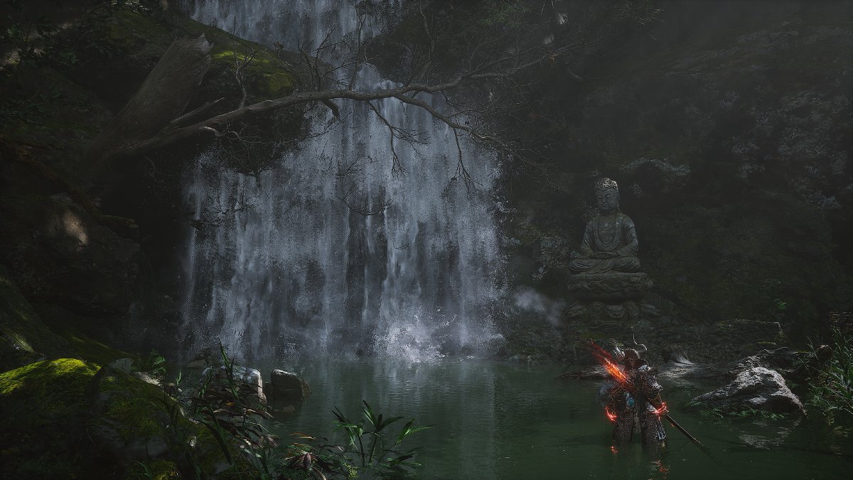 A waterfall surrounded by trees and foliage in Black Myth: Wukong.