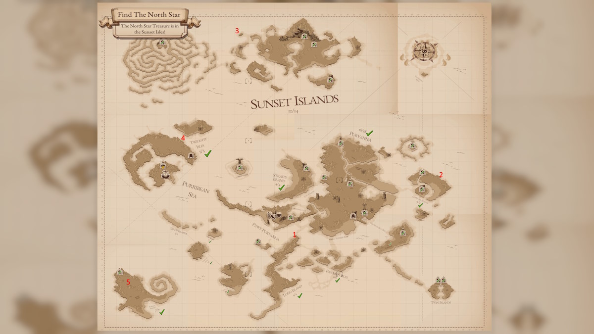 The map of the game Cat Quest 3 with red numbers on it indicating the order to activate the pillars in.