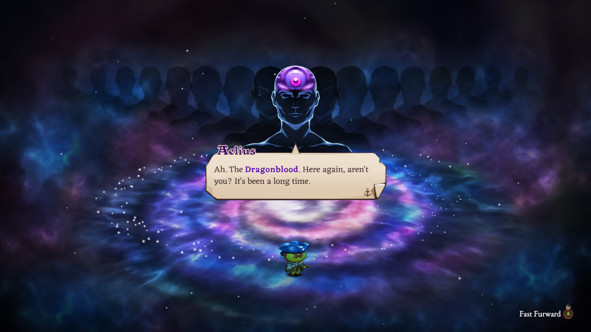 Talking to the humanoid figure floating in space Aelius in Cat Quest 3.