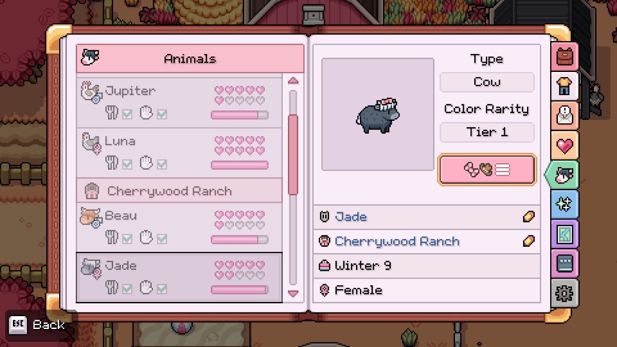 Player's Cow profile in Fields of Mistria