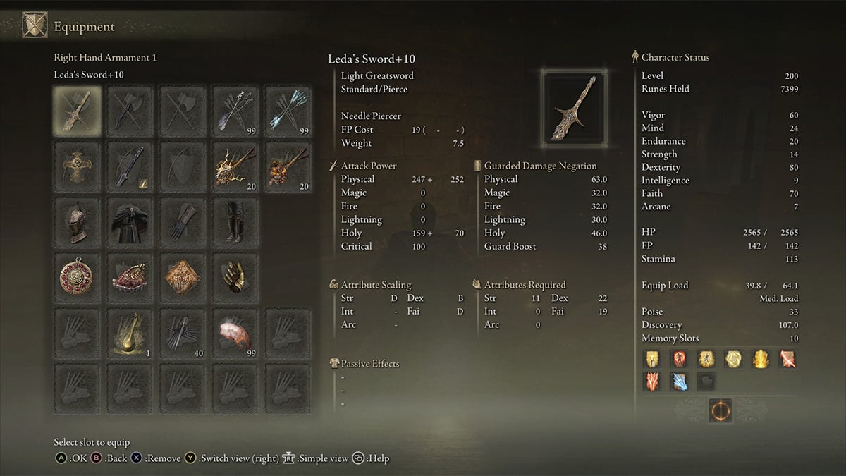 Example Leda's Sword build in Elden Ring Shadow of the Erdtree